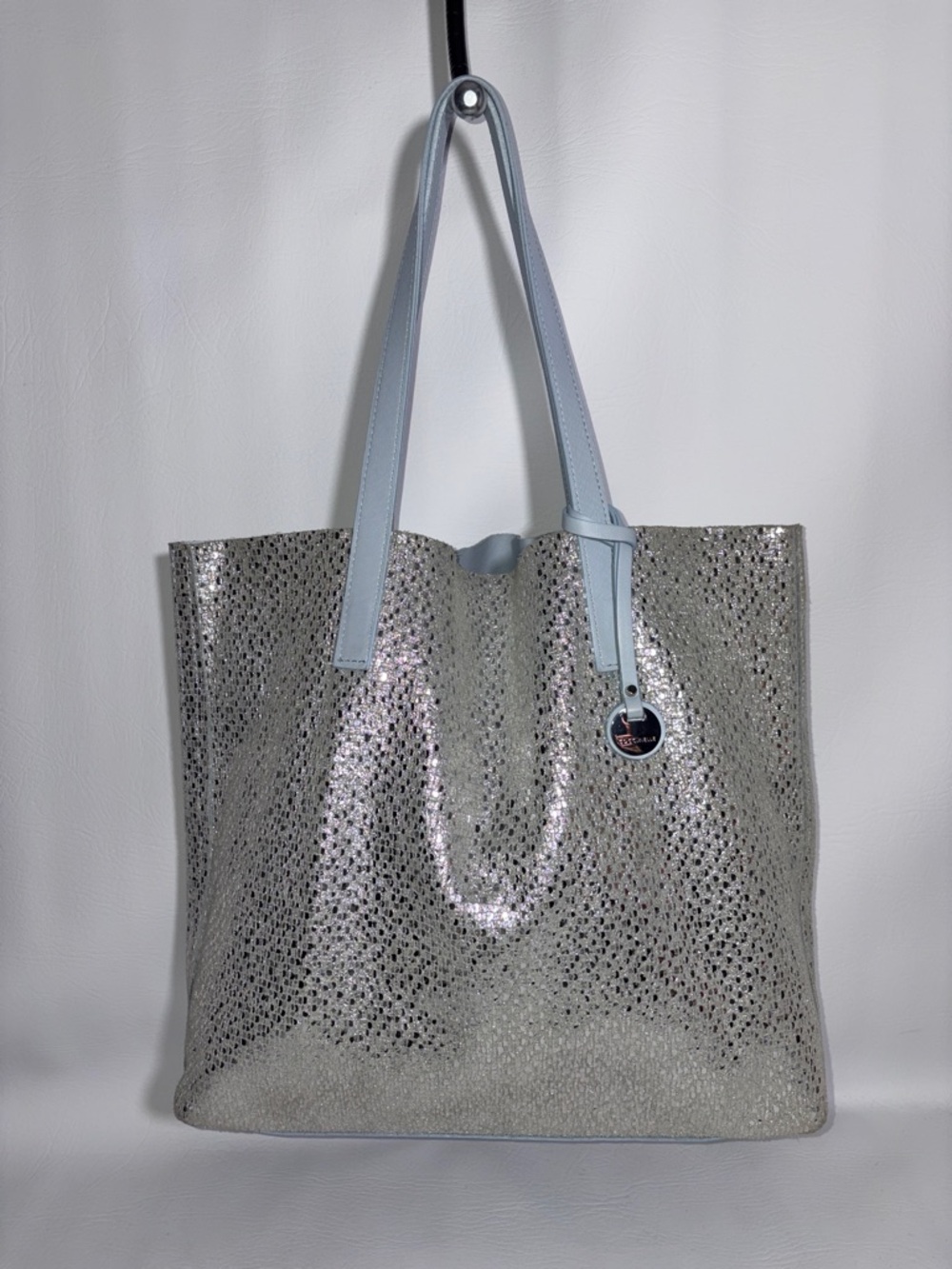 Coccinelle Grace Reversibile Nappa Celeste Silver Reversible Shopper Tote Bag